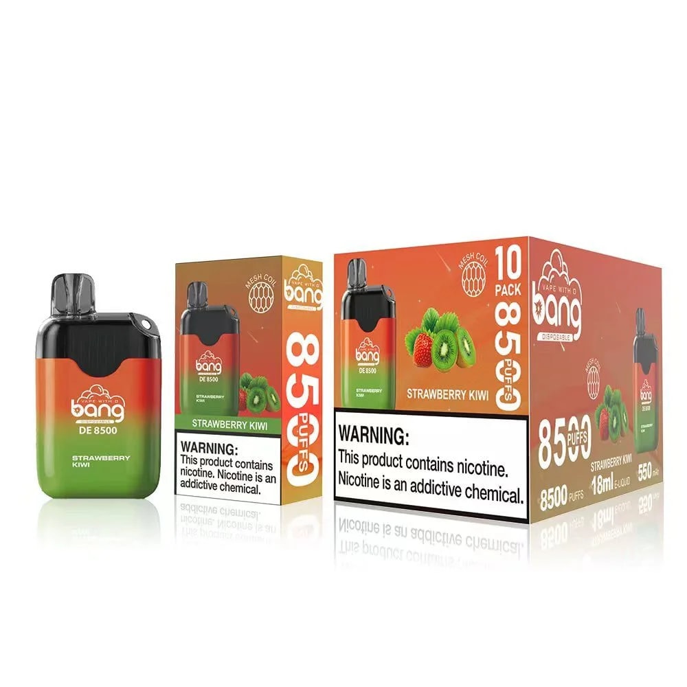 Emballage et présentation du produit de la vape jetable Bang DE 8500 au goût de fraise kiwi, comprenant 8 500 bouffées, une technologie de bobine en maille et une étiquette d'avertissement sur la dépendance à la nicotine.