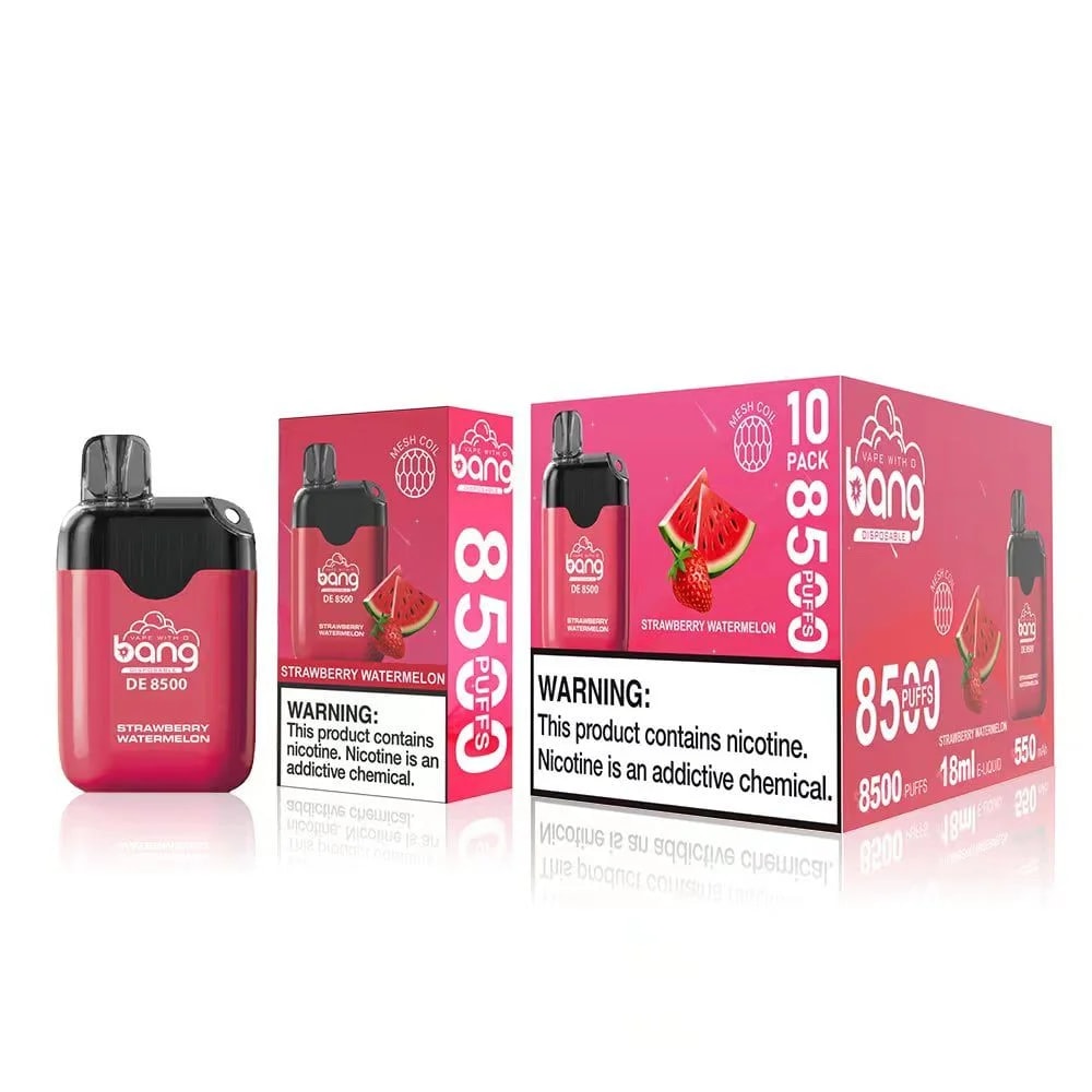 Emballage de vape jetable Red Bang DE 8500 avec la saveur fraise pastèque, étiqueté « 8500 bouffées » et un avertissement sur la nicotine.