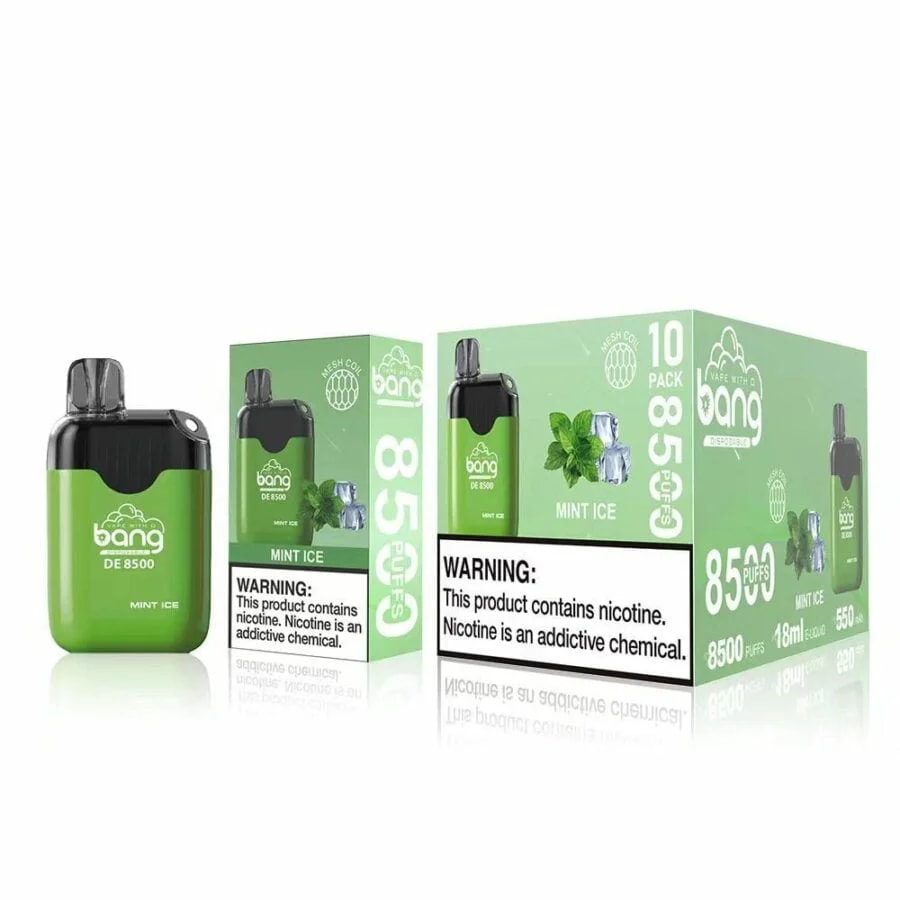 Appareil de vapotage jetable Green Bang DE 8500 et emballage étiqueté « Mint Ice », comportant des avertissements sur la dépendance à la nicotine, avec 8 500 bouffées et des détails de 18 ml.