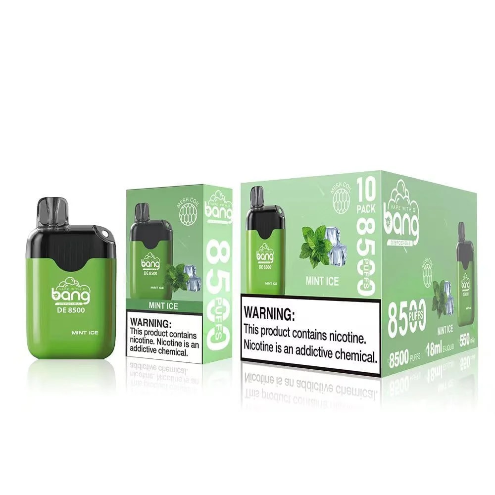 Appareil de vapotage jetable Green Bang DE 8500 et emballage étiqueté « Mint Ice », comportant des avertissements sur la dépendance à la nicotine, avec 8 500 bouffées et des détails de 18 ml.