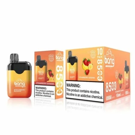 Bang de 8500イチゴのバナナ風味の使い捨て蒸気。「8500パフ」とニコチン警告ラベルを備えたデバイス、個別のボックス、10パックのパッケージを表示します。