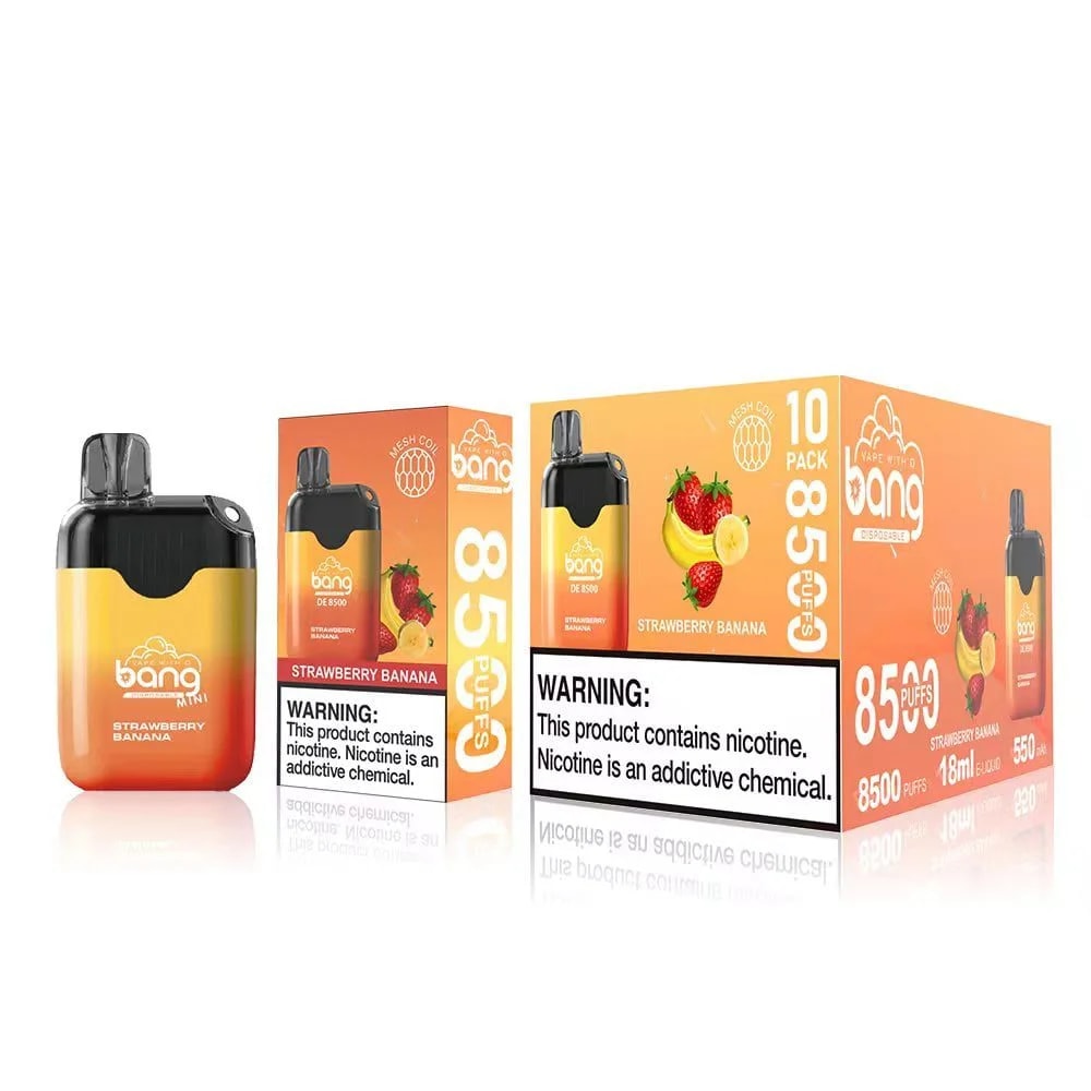 Bang DE 8500, vaporisateur jetable au goût de fraise et de banane, montrant l'appareil, la boîte individuelle et l'emballage de 10 pièces avec "8500 bouffées" et une étiquette d'avertissement sur la nicotine.