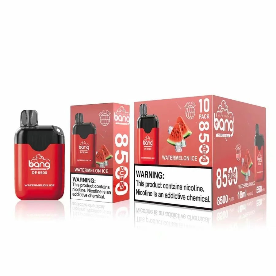 Emballage de vape jetable Red Bang DE 8500 avec saveur « Watermelon Ice », 8 500 bouffées, e-liquide 18 ml, avec une étiquette d'avertissement concernant la dépendance à la nicotine.