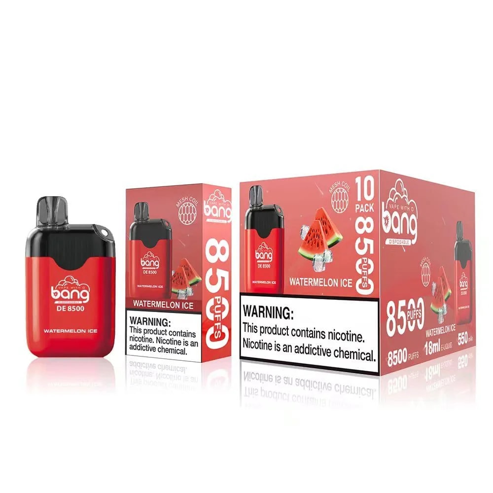 Emballage de vape jetable Red Bang DE 8500 avec saveur « Watermelon Ice », 8 500 bouffées, e-liquide 18 ml, avec une étiquette d'avertissement concernant la dépendance à la nicotine.