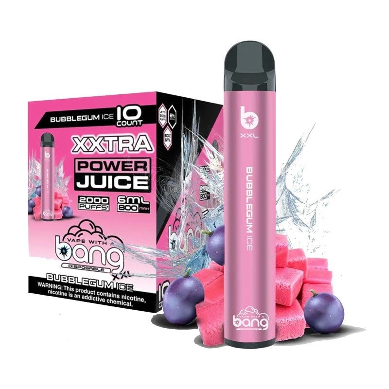 Bang XXL engångsvape i Bubblegum Ice-smak, med enheten, 10-pack förpackning med "2000 puffs" och en nikotinvarningsetikett, omgiven av is, bubbelgumsbitar och lila frukter.