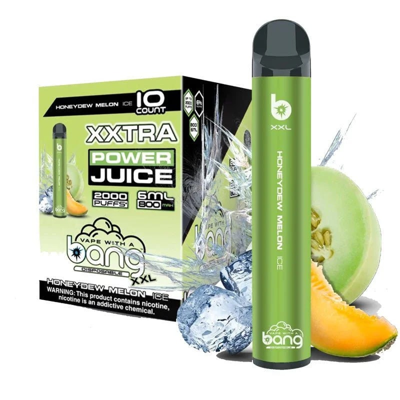 Green Bang XXL engångsförpackning för vape med "Honeydew Melon Ice" smak, 2000 puffar, 6 ml e-juice, med en varningsetikett för nikotinberoende.