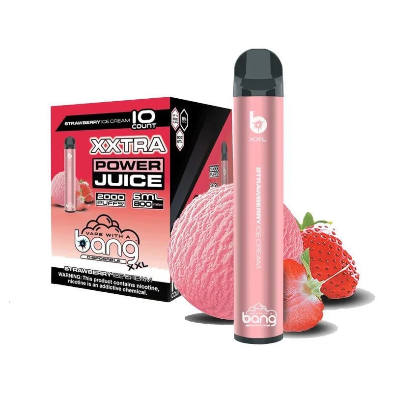 En rosa engångspenna märkt "Bang XXL Strawberry Ice Cream" med en förpackning som föreställer jordgubbsglass och färska jordgubbar.
