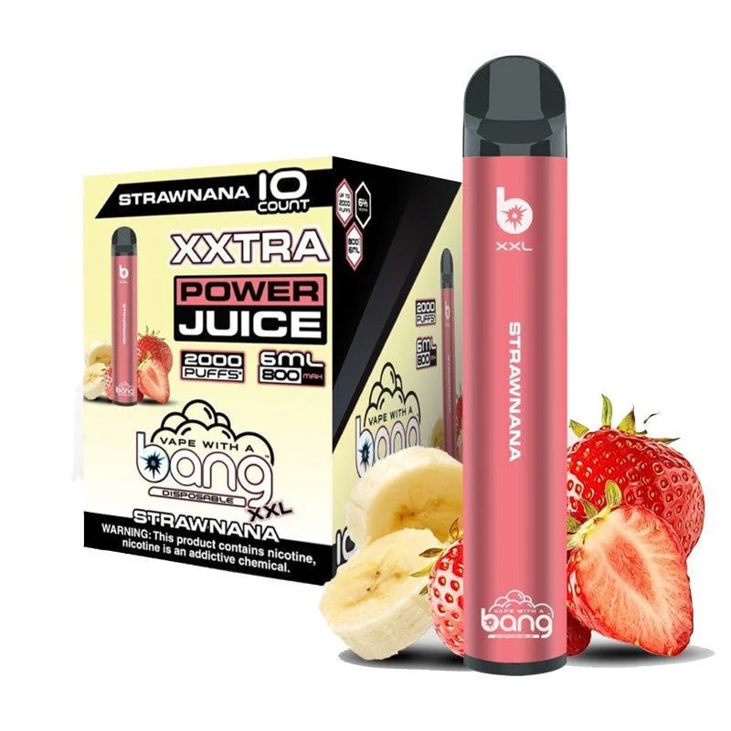 Bang XXL engångsvape med smak av Strawnana, 2000 puffar, 6 ml kapacitet, 800 mAh batteri och förpackning med jordgubbar och bananer; innehåller en varningsetikett för nikotin.