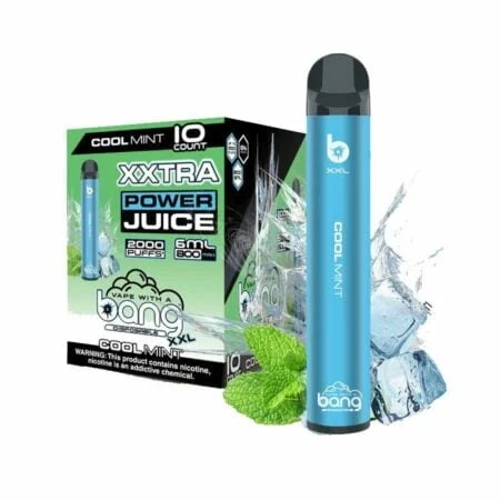 Cool Mint Einweg-Dampfgerät mit der Bezeichnung "XXTRA Power Juice", mit 2000 Zügen, 6 ml E-Liquid-Kapazität, 800-mAh-Akku und einer Verpackung mit eisiger Minze-Motivik.