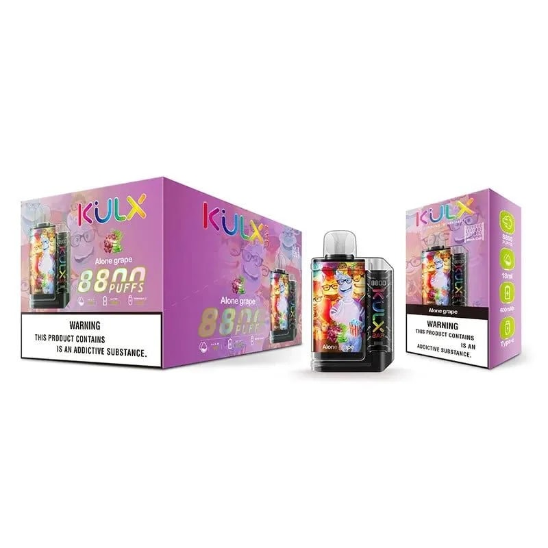 A "KULX" disposable vape in "Alone Grape" flavor with vibrant purple packaging, 8800 puffs, 15ml capacity, and Type-C charging port, featuring a colorful design on the device.