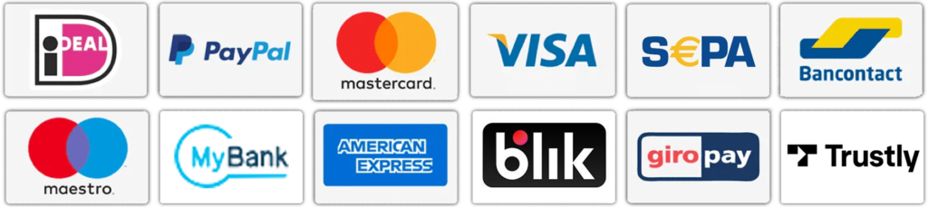 Una griglia di 12 loghi di metodi di pagamento, tra cui iDEAL, PayPal, Mastercard, VISA, SEPA, Bancontact, Maestro, MyBank, American Express, Blik, Giropay e Trustly.