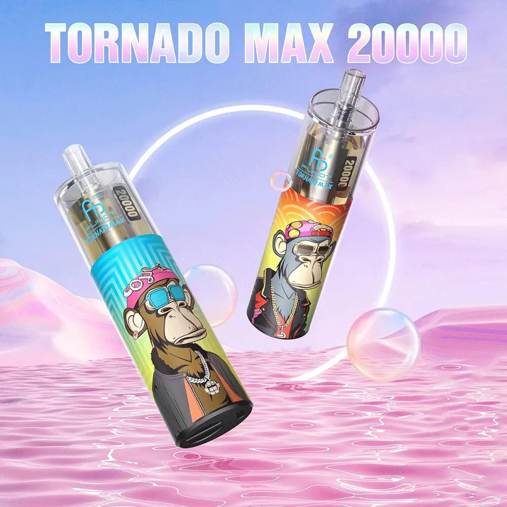 Two vape devices featuring cartoon monkey designs in stylish attire, with the text "TORNADO MAX 20000" prominently displayed above. The background has a pastel gradient with bubbles and water-like reflections.