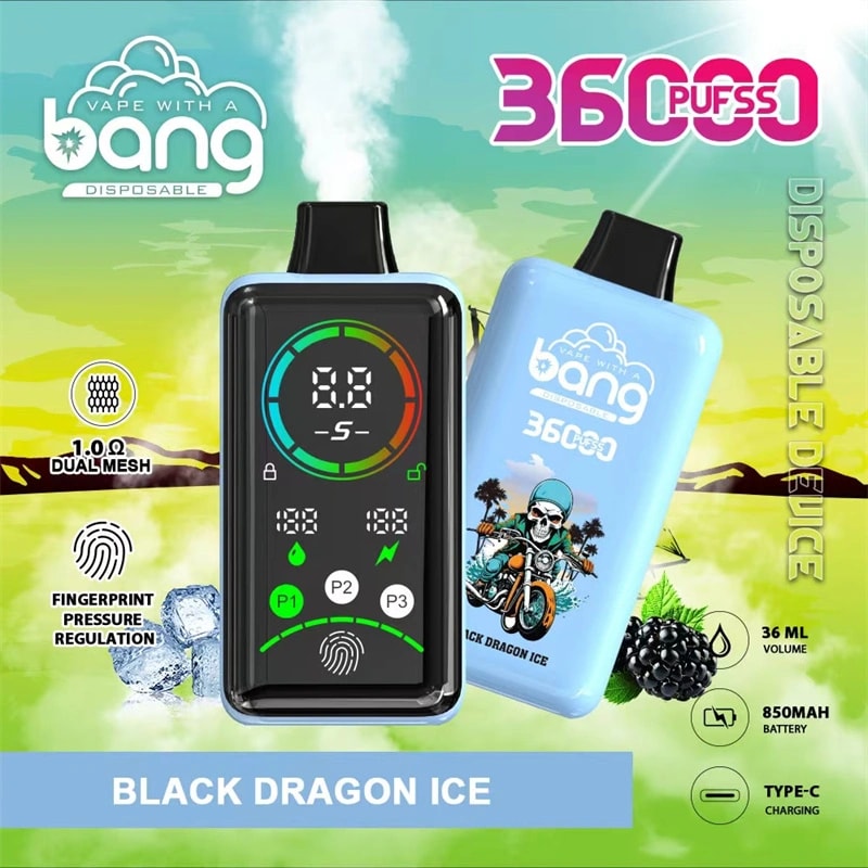 A disposable vape device with "Bang" branding, displaying features like 36000 puffs, Black Dragon Ice flavor, 36ml volume, 850mAh battery, Type-C charging, fingerprint pressure regulation, and a digital display screen.