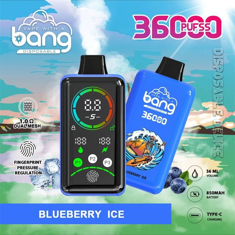 A blue disposable vape device labeled "Bang" with 36000 puffs, featuring blueberry ice flavor, 36ml e-liquid, 850mAh battery, Type-C charging, and fingerprint pressure regulation.