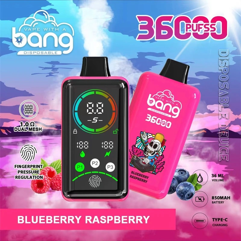 A pink disposable vape device with "Bang" branding, displaying 36000 puffs, fingerprint pressure regulation, 1.0Ω dual mesh, a digital screen, 850mAh battery, 36ml e-liquid capacity, Type-C charging, and blueberry raspberry flavor.