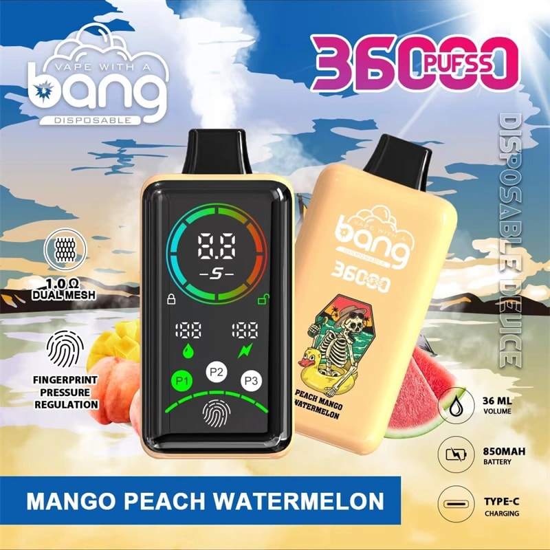 Image of a disposable vape device branded "Bang" with 36000 puffs, featuring mango, peach, and watermelon flavor. The device has a digital display, fingerprint pressure regulation, and specifications indicating 1.0Ω dual mesh coil, 36mL volume, 850mAh battery, and Type-C charging.