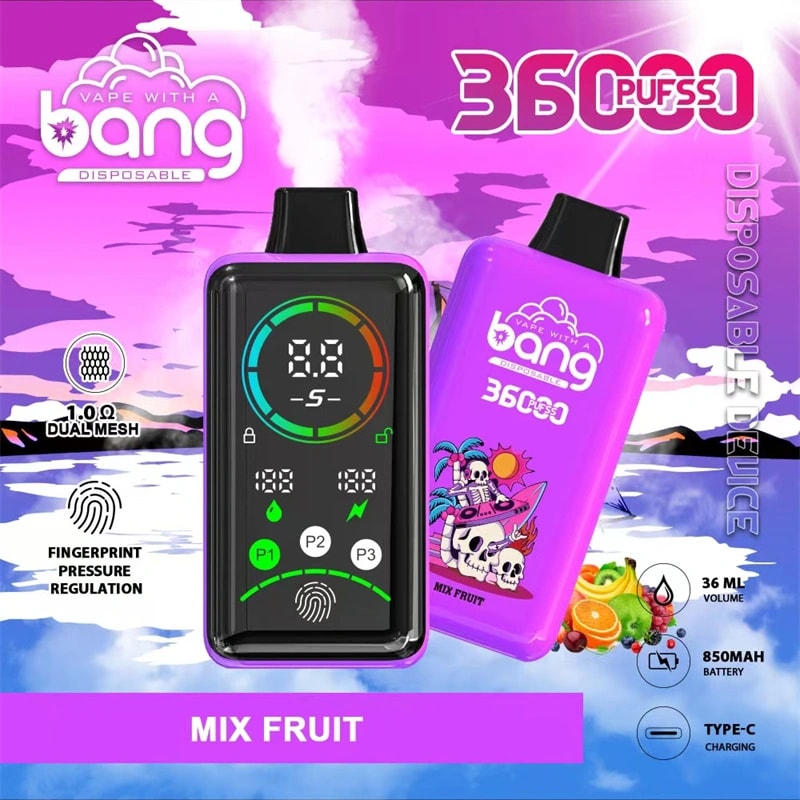 Disposable vape device featuring a vibrant purple design, 36000 puffs capacity, mix fruit flavor, 1.0 Ω dual mesh coil, fingerprint pressure regulation, 36 ml volume, 850 mAh battery, and Type-C charging.