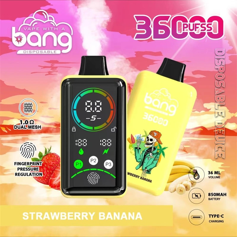 Disposable vape device with "Bang" branding, featuring strawberry banana flavor, 3600 puffs capacity, fingerprint pressure regulation, a 36ml tank, 850mAh battery, and Type-C charging.