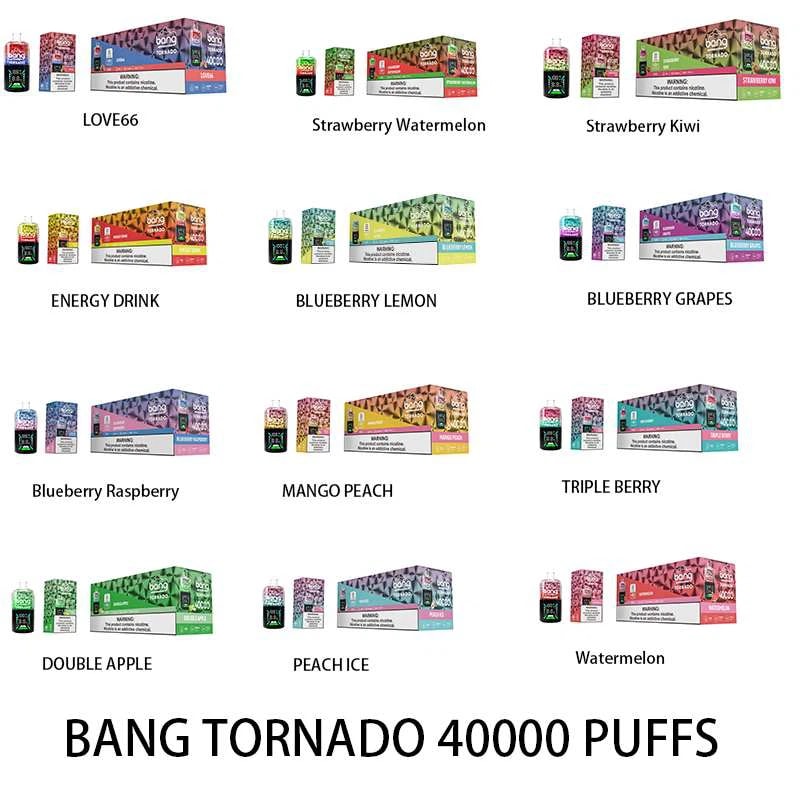 A variety of Bang Tornado 40000 Puffs vape products displayed in different flavors, including Love66, Strawberry Watermelon, Strawberry Kiwi, Energy Drink, Blueberry Lemon, Blueberry Grapes, Blueberry Raspberry, Mango Peach, Triple Berry, Double Apple, Peach Ice, and Watermelon.