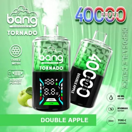 Publicité de produit de vape sur le thème du vert présentant le dispositif jetable Bang Tornado avec " 40 000 bouffées " bien en évidence, mettant en avant des caractéristiques telles que la double saveur de pomme, la puissance réglable, trois bobines en maille, un volume de 40 ml, une batterie de 850 mAh et le chargement Type-C.
