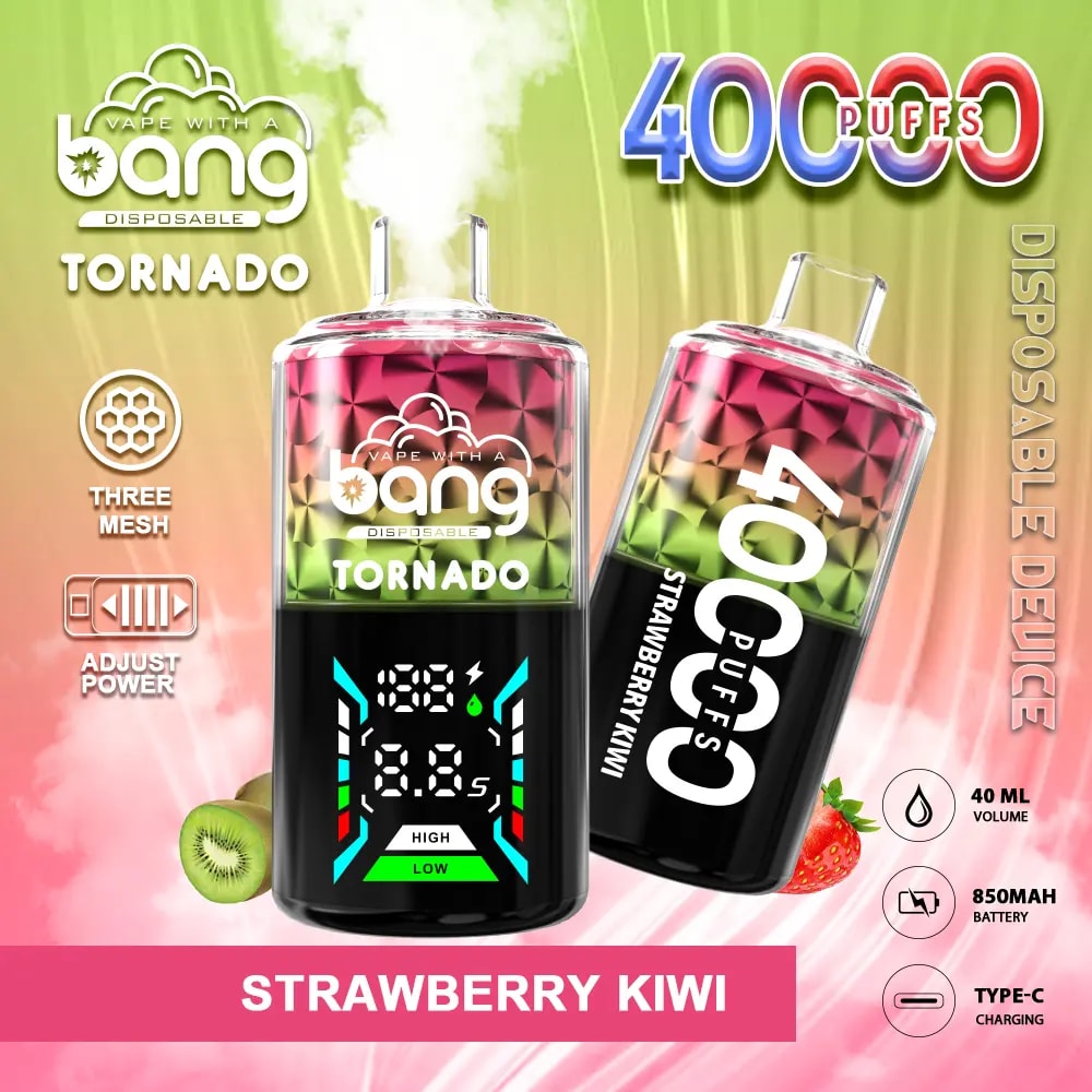A disposable vape device labeled "Bang Tornado Strawberry Kiwi" with 40,000 puffs, featuring adjustable power, three mesh coils, a digital display, 40ml volume, 850mAh battery, and Type-C charging.