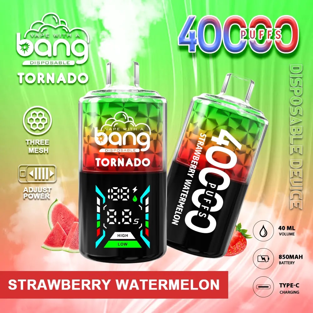 Promotional image of the Bang Tornado disposable vape featuring "Strawberry Watermelon" flavor, 40,000 puffs, adjustable power, three mesh coils, 850mAh battery, Type-C charging, and a 40ml e-liquid capacity.