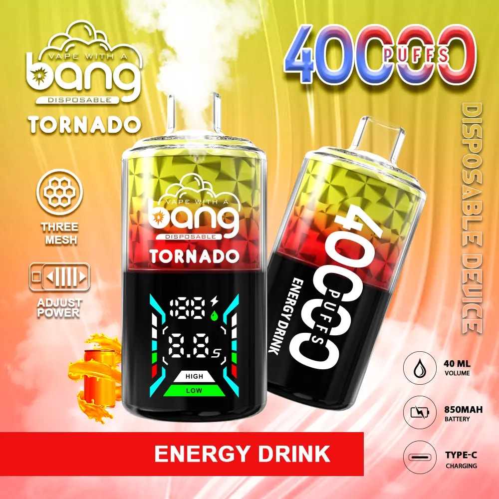 A disposable vape device labeled "Bang Tornado" with 40,000 puffs, energy drink flavor, featuring a digital display, adjustable power, 850mAh battery, 40ml volume, Type-C charging, and three mesh coil technology.