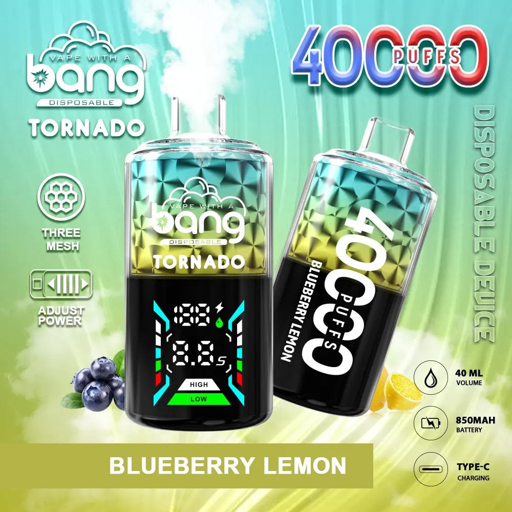 Promotional image of Bang Tornado disposable vape device in blueberry lemon flavor, featuring 40,000 puffs, adjustable power, three-mesh design, 40ml volume, 850mAh battery, and Type-C charging.