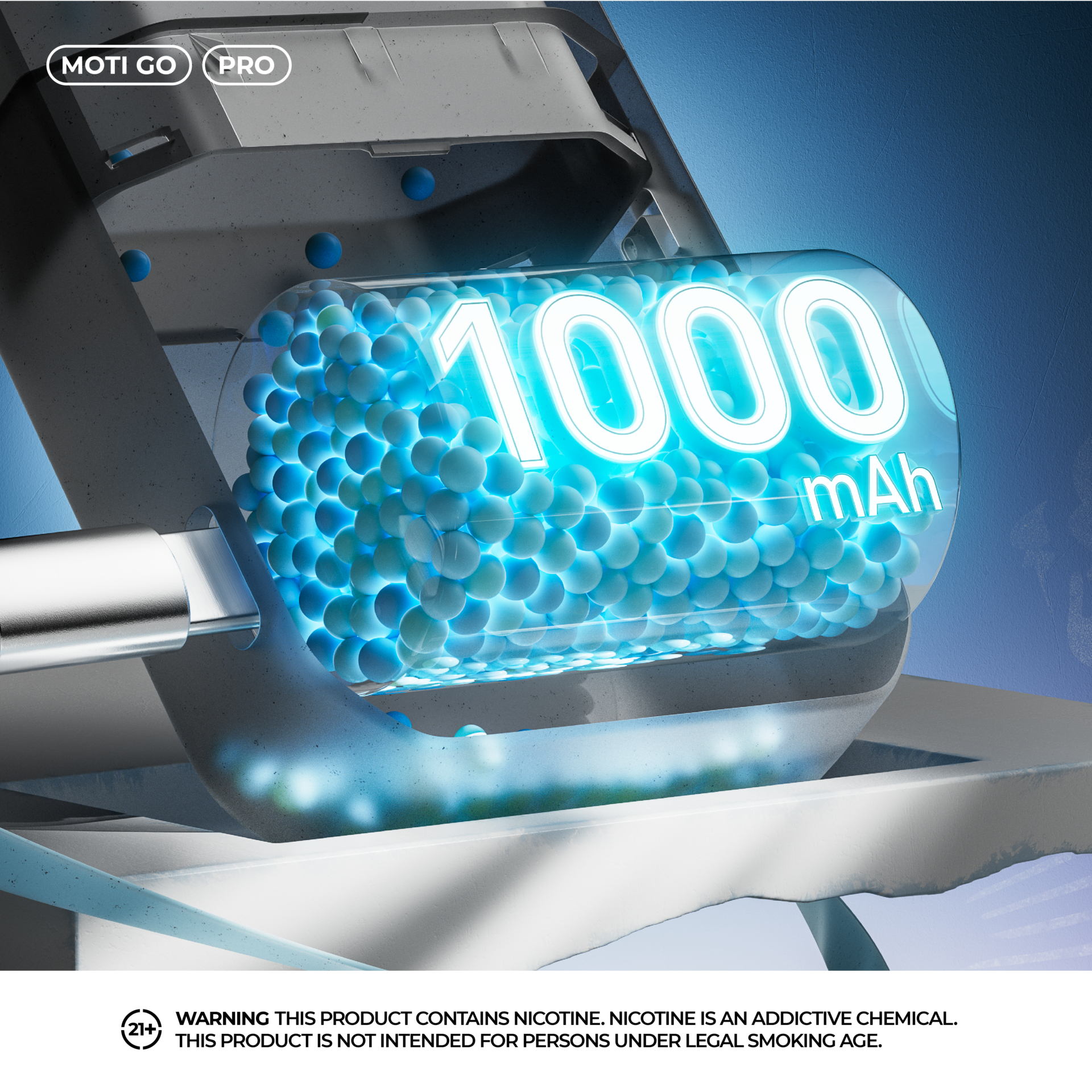Una vista ravvicinata di una batteria trasparente da 1000 mAh circondata da sfere blu incandescenti, con un componente in metallo e un design elegante.