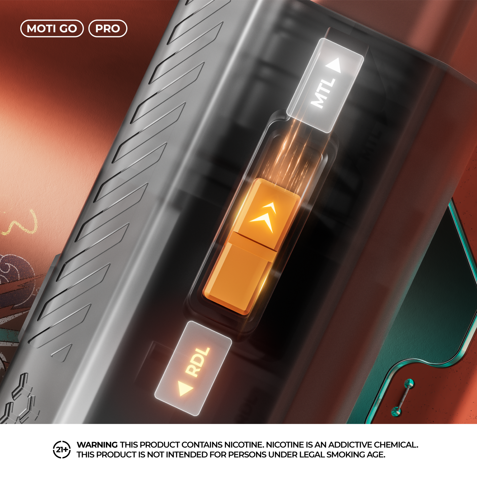 Primo piano di un dispositivo di vaping che mostra i pulsanti "MTL" e "RDL", con uno sfondo colorato e un'etichetta di avvertimento sulla nicotina.