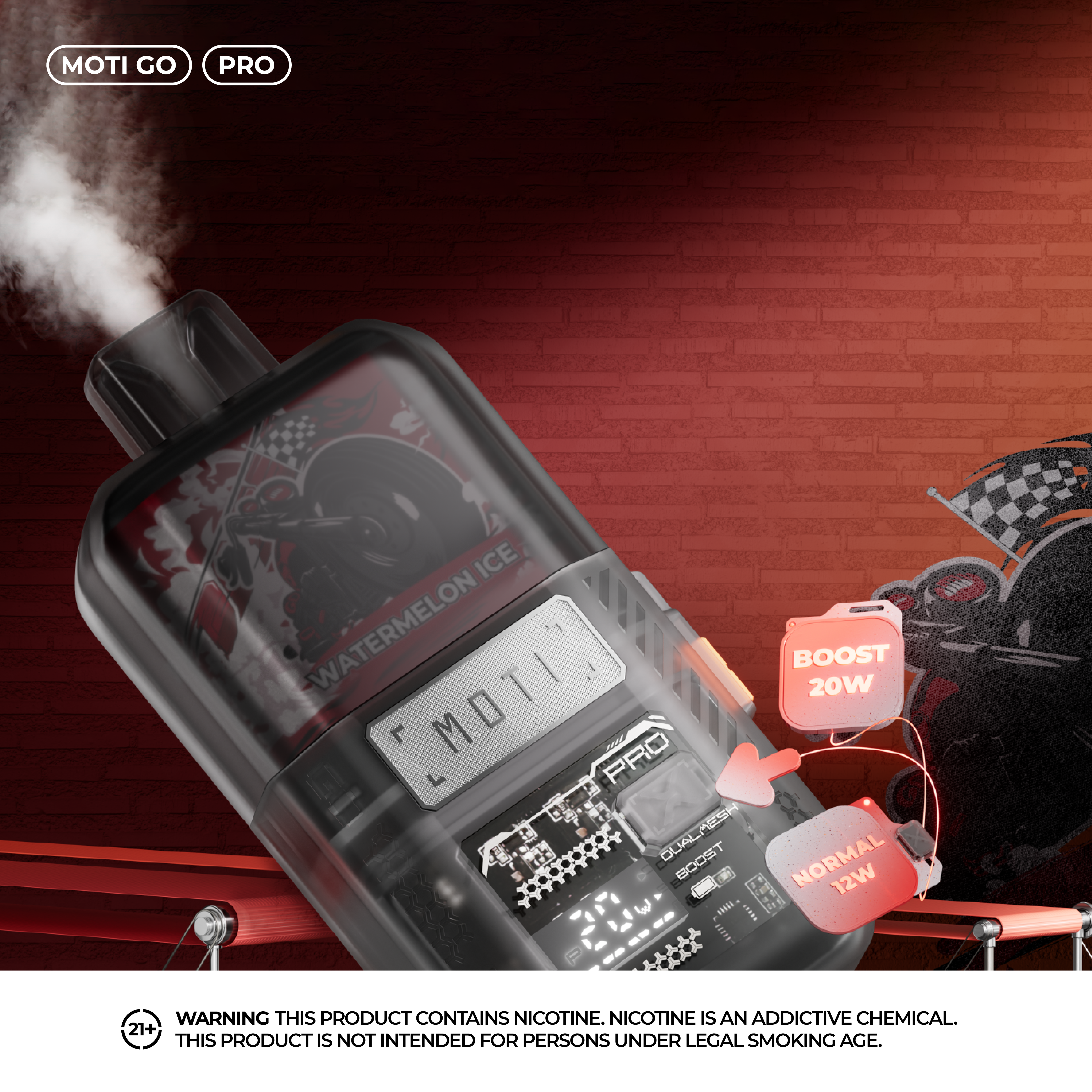 Un dispositivo da svapo nero e rosso etichettato "MOTI GO PRO" con il gusto "Watermelon Ice", con le opzioni di potenza "Boost 20W" e "Normal 12W", che emette vapore su uno sfondo di mattoni.