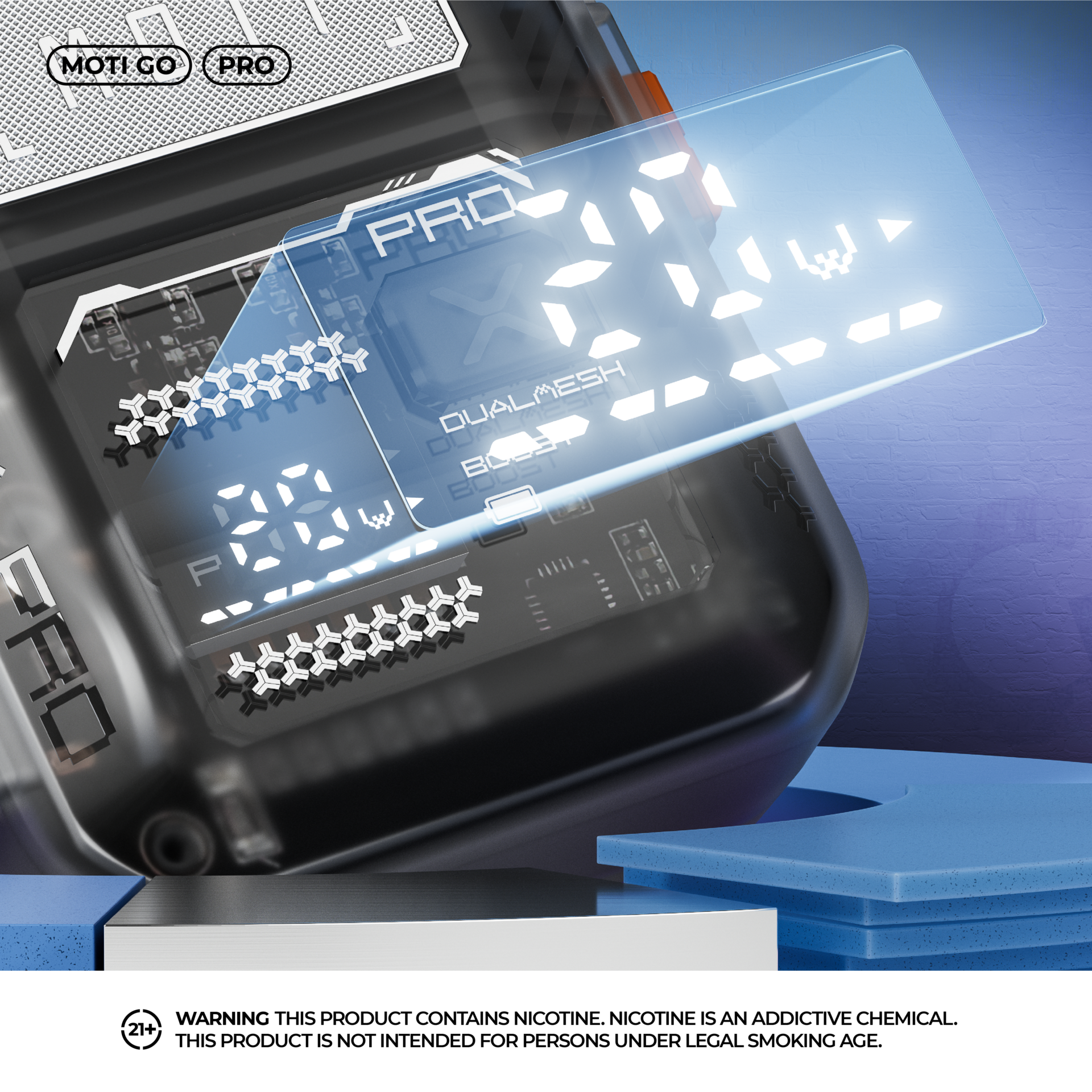 Primo piano di un display digitale che indica "20 W", con le diciture "Pro" e "Dual Mesh Boost", su un elegante dispositivo elettronico.