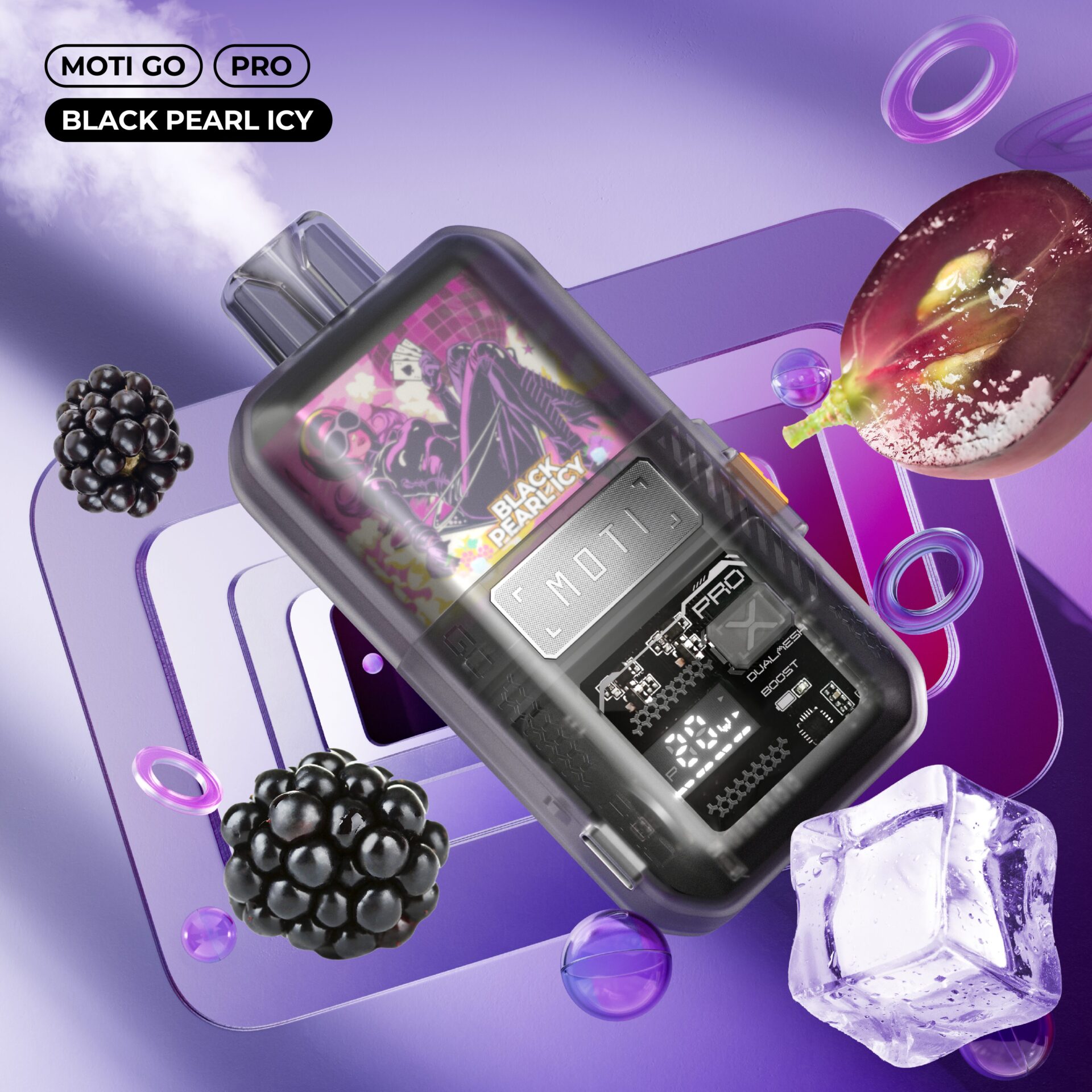 A sleek MOTI GO PRO Black Pearl Icy vape device with a futuristic design, surrounded by blackberries, ice cubes, and a halved grape on a vibrant purple background.