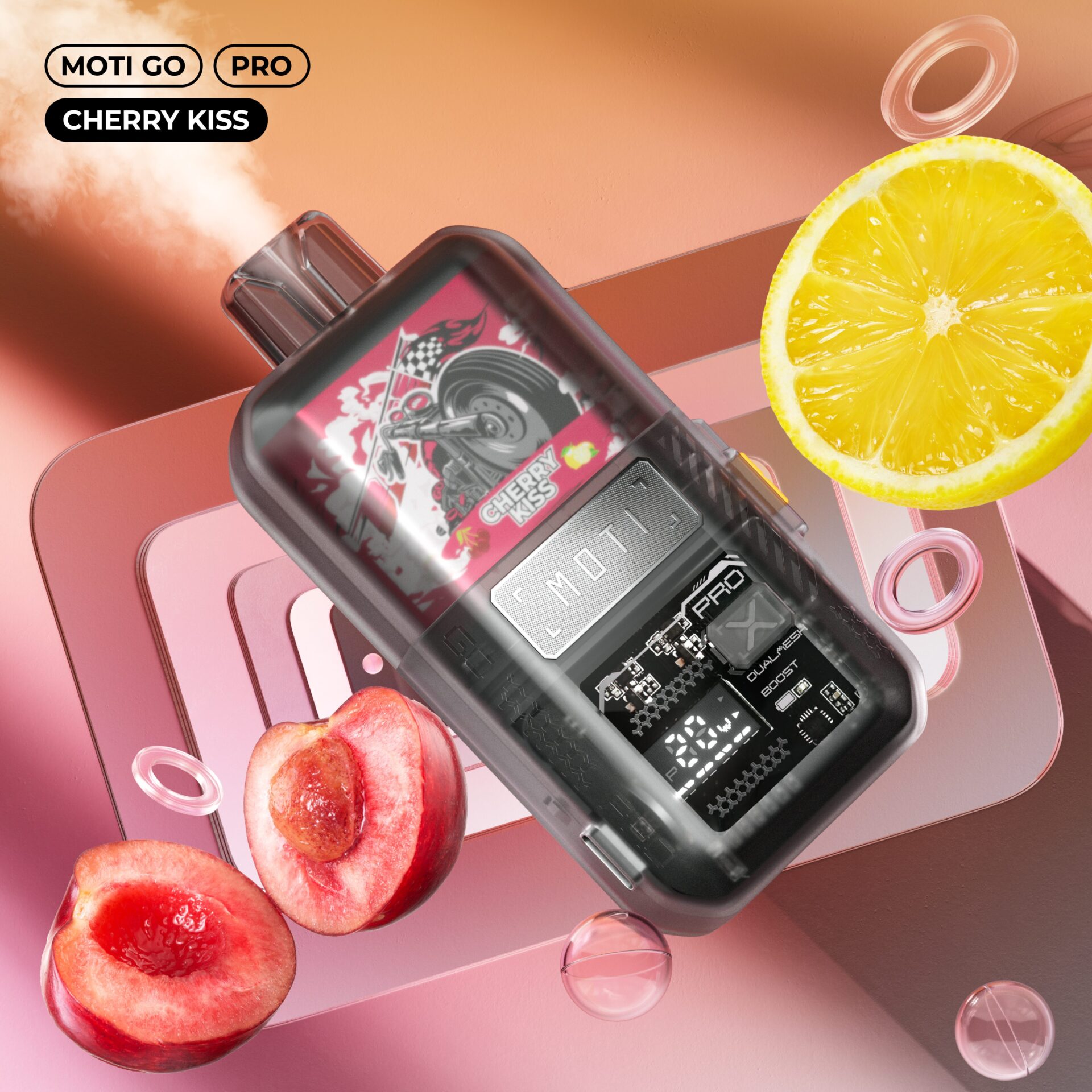 A transparent vape device labeled "MOTI GO PRO Cherry Kiss" with a red design featuring a motorcycle, surrounded by vibrant fruit elements including lemon and cherries, on a pinkish-orange background.