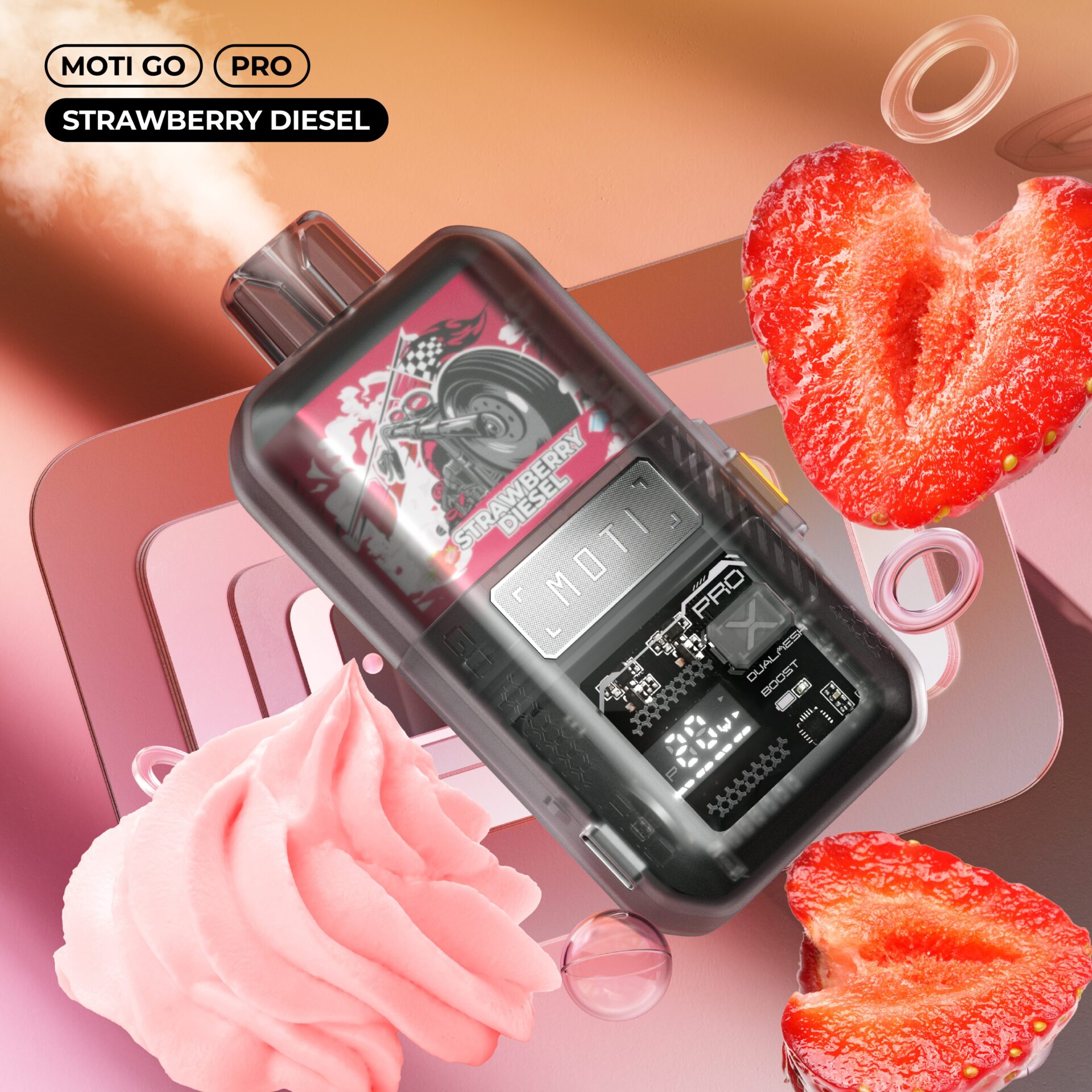 A close-up of the MOTI GO PRO vaping device with a "Strawberry Diesel" design, surrounded by strawberries, pink whipped cream, and soft gradients.