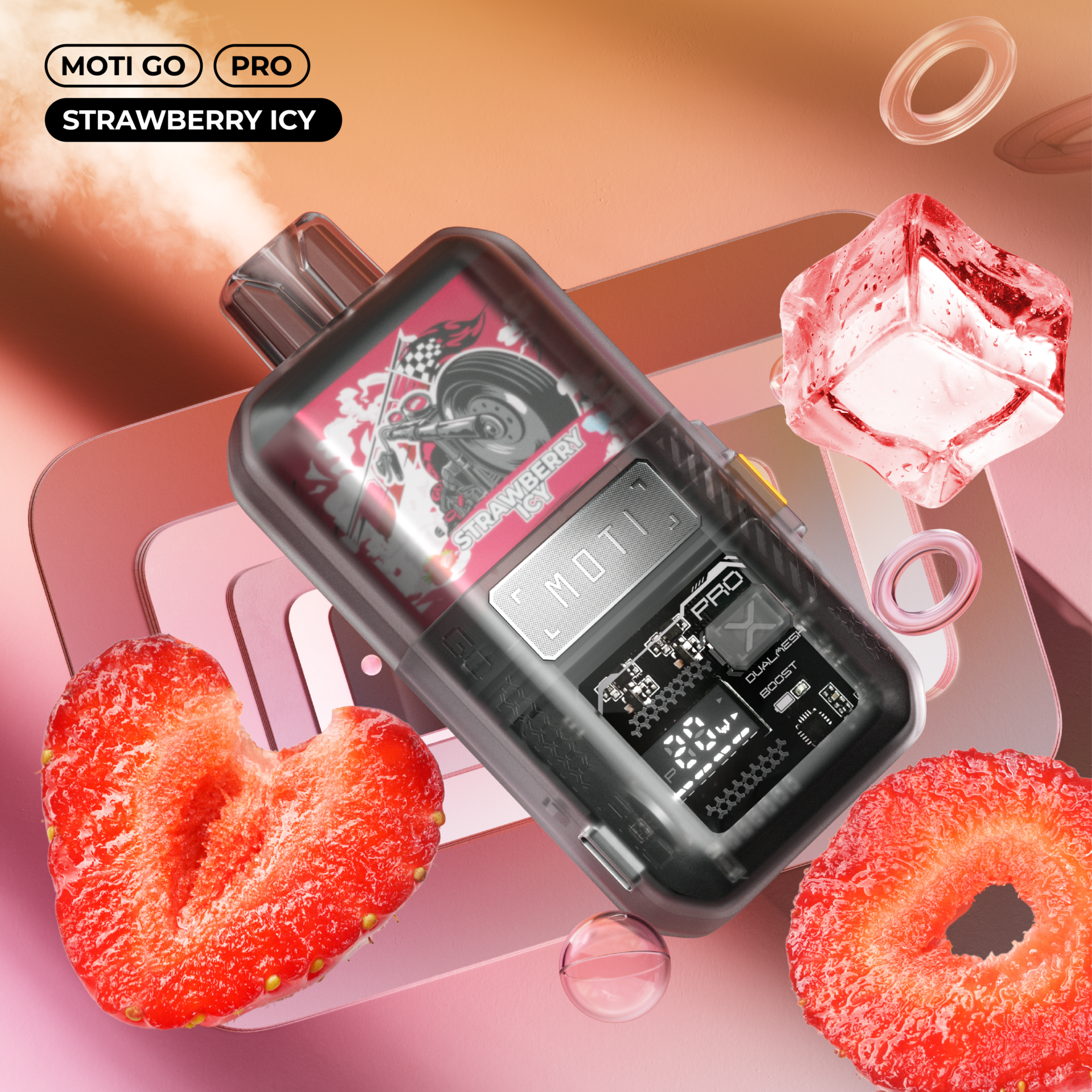 A MOTI GO PRO vaping device with a "Strawberry Icy" label, surrounded by strawberry imagery, ice cubes, and soft pink tones.