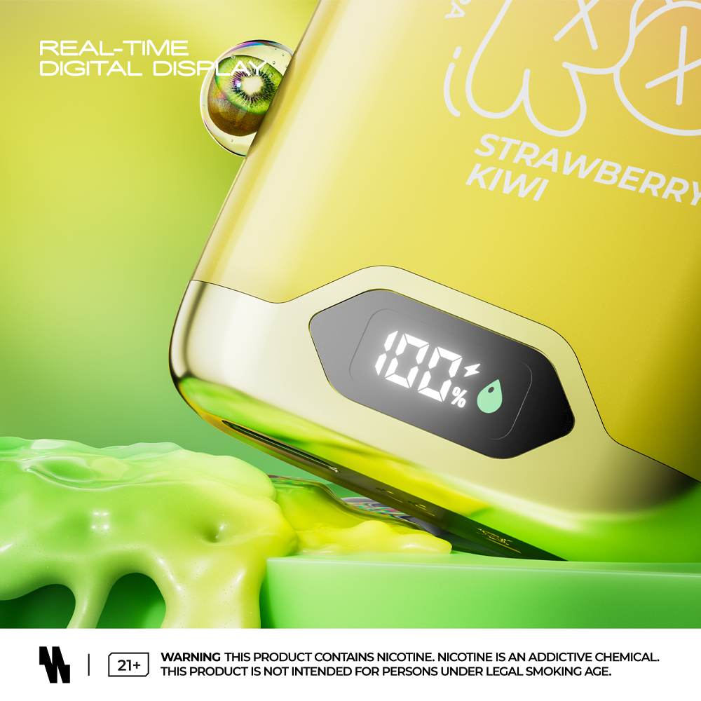 A close-up of a neon yellow vape device featuring a real-time digital display that shows "100%" battery level, positioned on a green, slimy surface. The product is labeled with "Strawberry Kiwi," and there is a warning statement about nicotine and legal smoking age at the bottom.