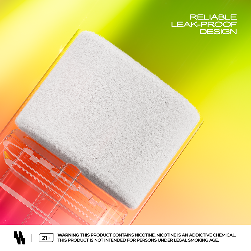 Close-up of a leak-proof design with a white cotton component inside a transparent orange casing, accompanied by a nicotine warning label at the bottom.