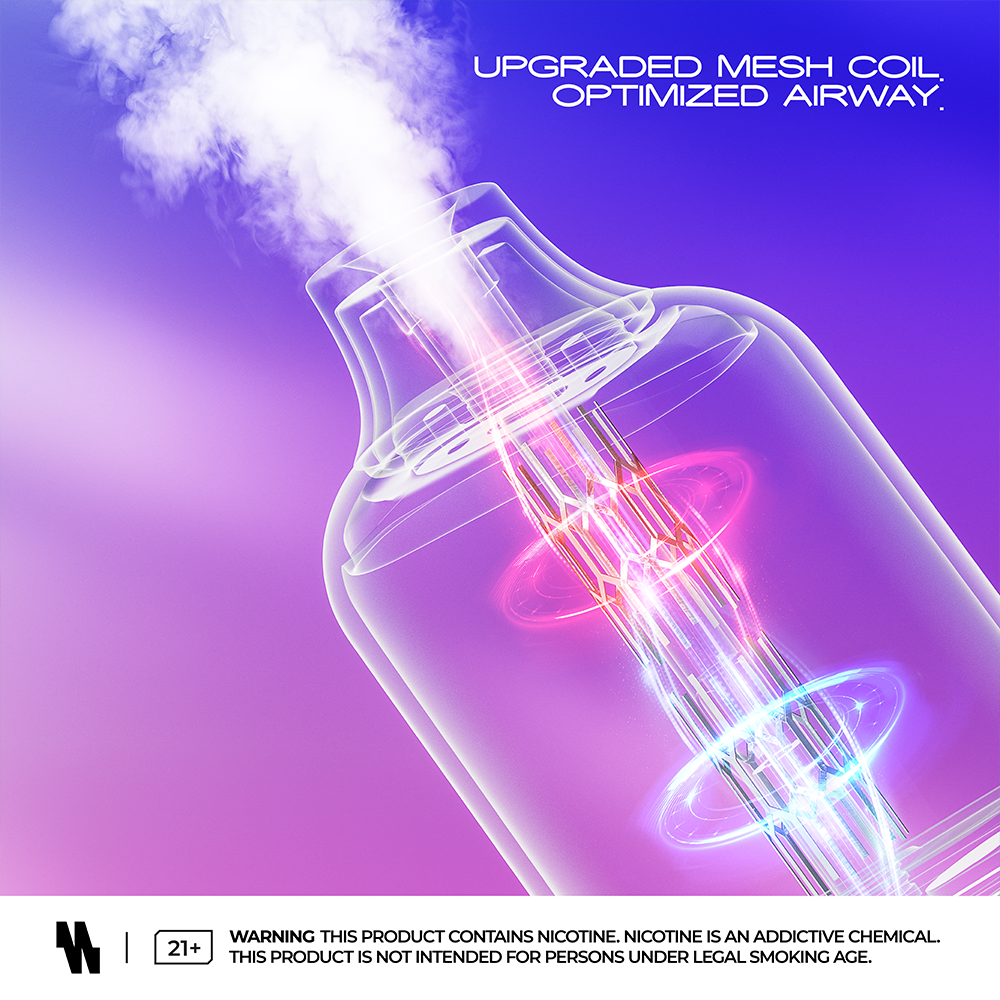 Upgraded mesh coil emitting vapor with optimized airway design, shown in a translucent device against a gradient purple background, accompanied by a nicotine warning.