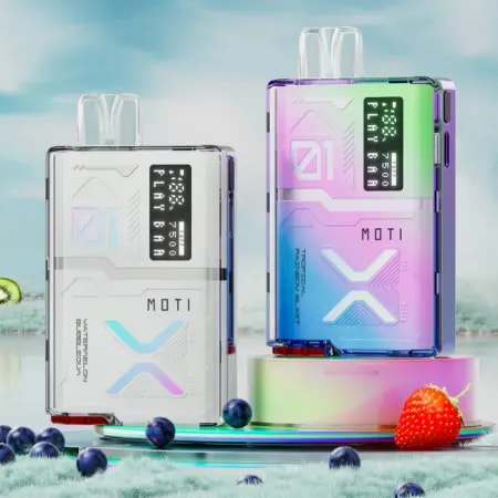 Two colorful vape devices labeled "MOTI" with digital displays, one white and the other gradient pastel, surrounded by blueberries, a strawberry, and a kiwi slice in a surreal, misty landscape.