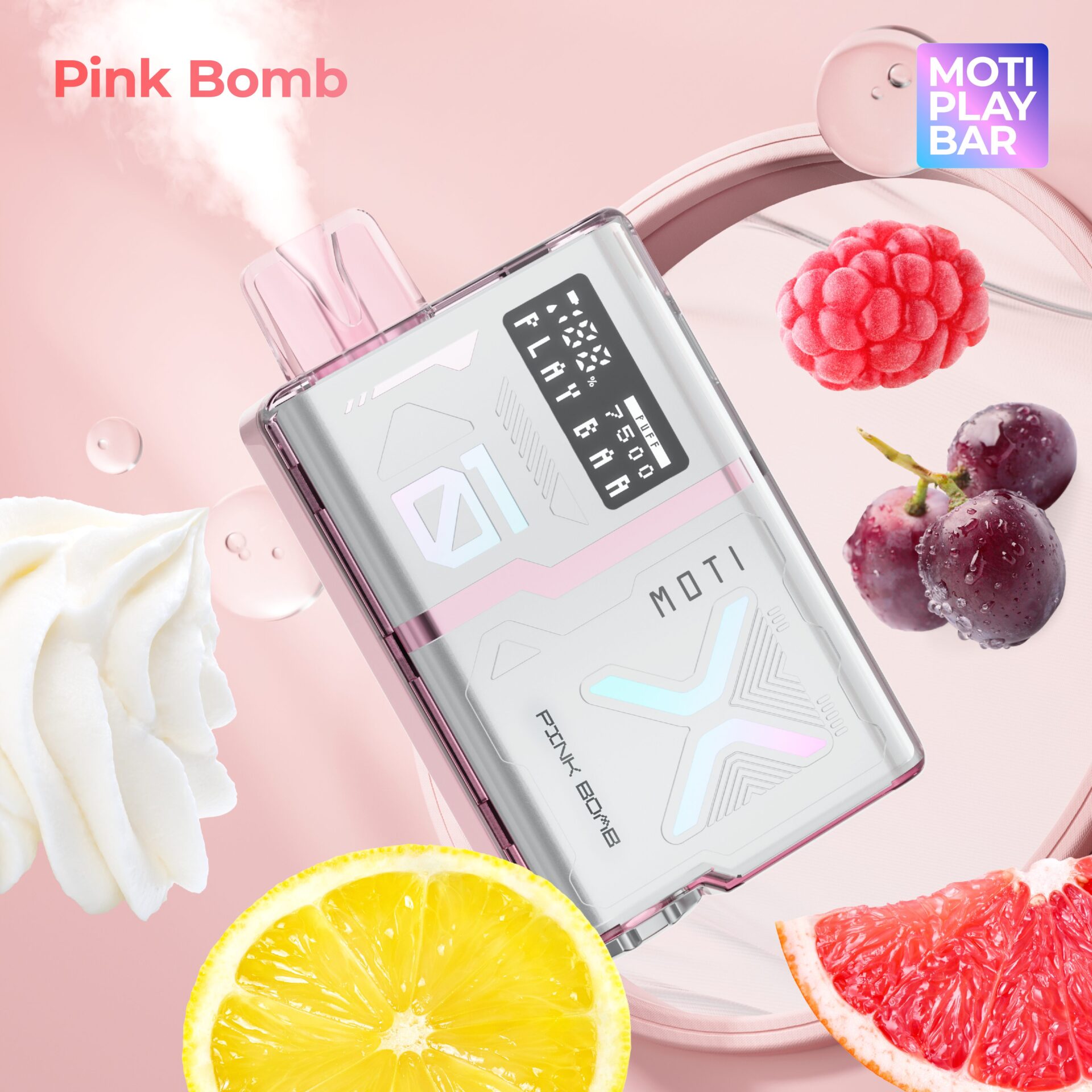 A pink and white MOTI Play Bar vape device labeled "Pink Bomb," surrounded by raspberries, grapes, whipped cream, lemon, and grapefruit slices.