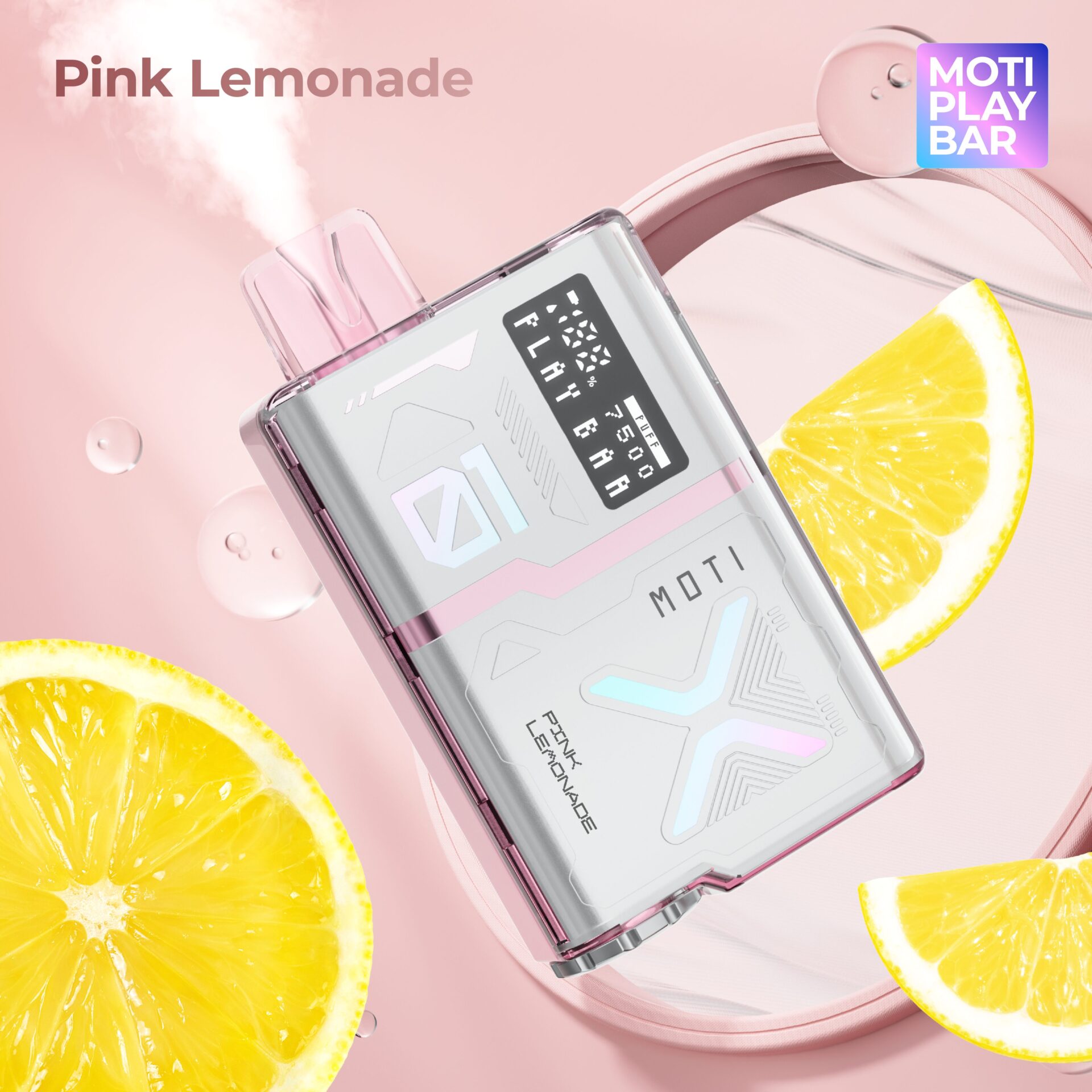 A pink and silver vape device labeled "MOTI Play Bar" with a digital screen, emitting vapor, surrounded by lemon slices on a pastel pink background.