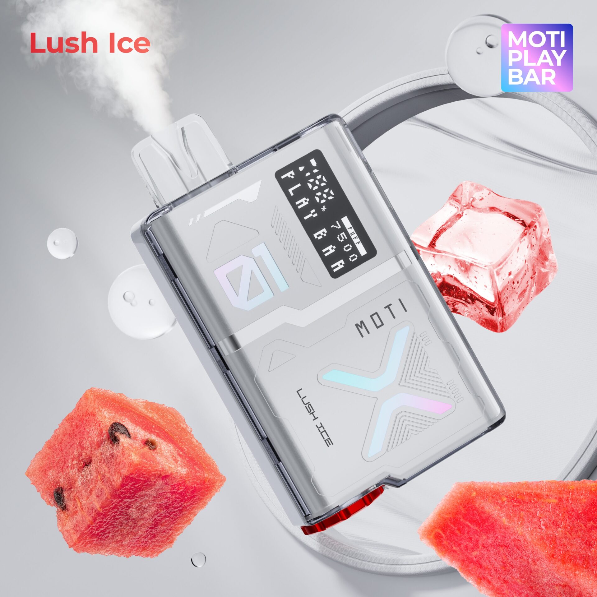 A futuristic vape device emitting vapor, surrounded by watermelon chunks, ice cubes, and water droplets, labeled "Lush Ice" and "MOTI PLAY BAR."