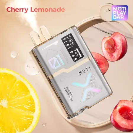 A beige and silver vape device labeled "MOTI Play Bar" with a digital screen, emitting vapor, surrounded by lemon slices and cherries on a beige background.