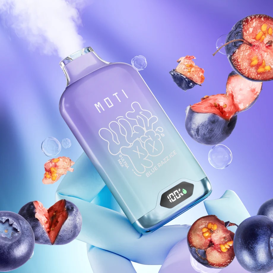 A sleek, gradient purple and blue vape device labeled "MOTI Blue Razz Ice" surrounded by blueberries, sliced figs, and floating ice cubes, emitting vapor against a vibrant purple background.