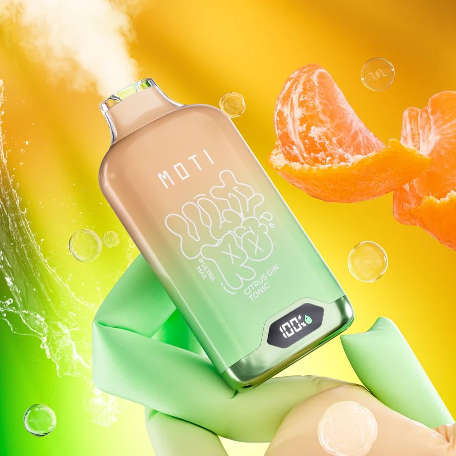 A citrus-themed vape device emitting vapor, labeled "MOTI" with "Citrus Gin Tonic" flavor, against a vibrant orange and green background with orange slices and bubbles.