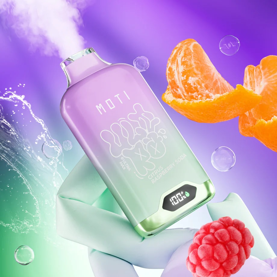A colorful vape device labeled "MOTI" with citrus raspberry soda flavor, surrounded by orange slices, a raspberry, water splashes, and bubbles against a vibrant purple and green background.