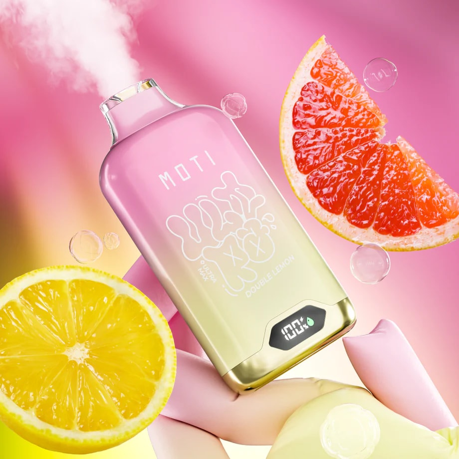 A pink and yellow vape device emitting vapor, surrounded by grapefruit, lemon slices, and abstract shapes against a vibrant pink gradient background.