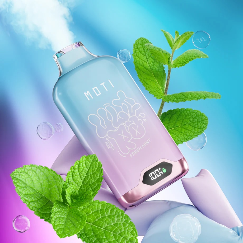 A mint-flavored vape device labeled "MOTI" with digital display, surrounded by fresh mint leaves and vapor against a colorful gradient background.