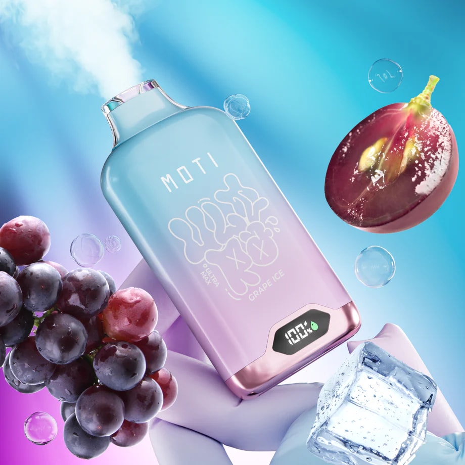 A grape-flavored vape device emitting vapor, surrounded by grapes, ice cubes, and a sliced grape against a blue gradient background.